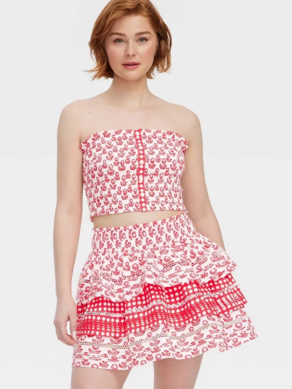 Roller Rabbit Women’s Floral Smocked Peplum Top and White‎ Tiered Skirt Red M